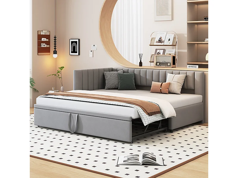 Lit gigogne 90/180 x 200 cm en forme de L, Canapé-lit - Velours - Sommier à lattes - gris clair (sans matelas)