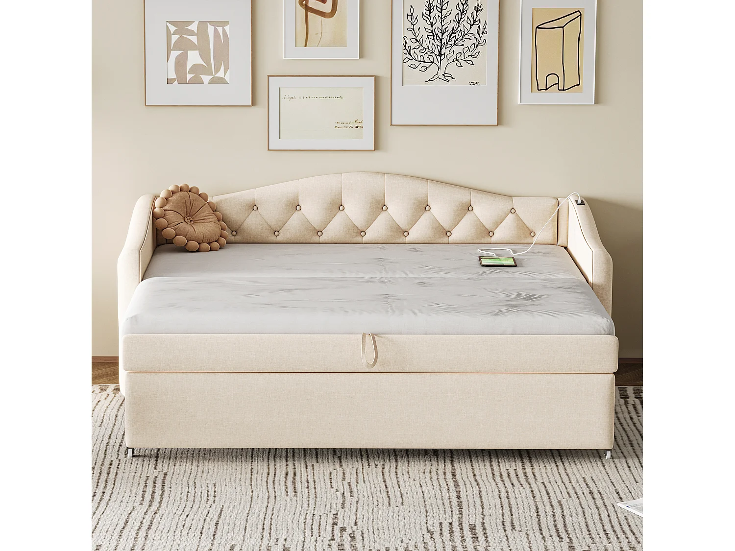 Lit gigogne 90 x 200 cm avec prises USB, canapé-lit - Tissu en lin - Sommier à lattes - Beige (sans matelas)