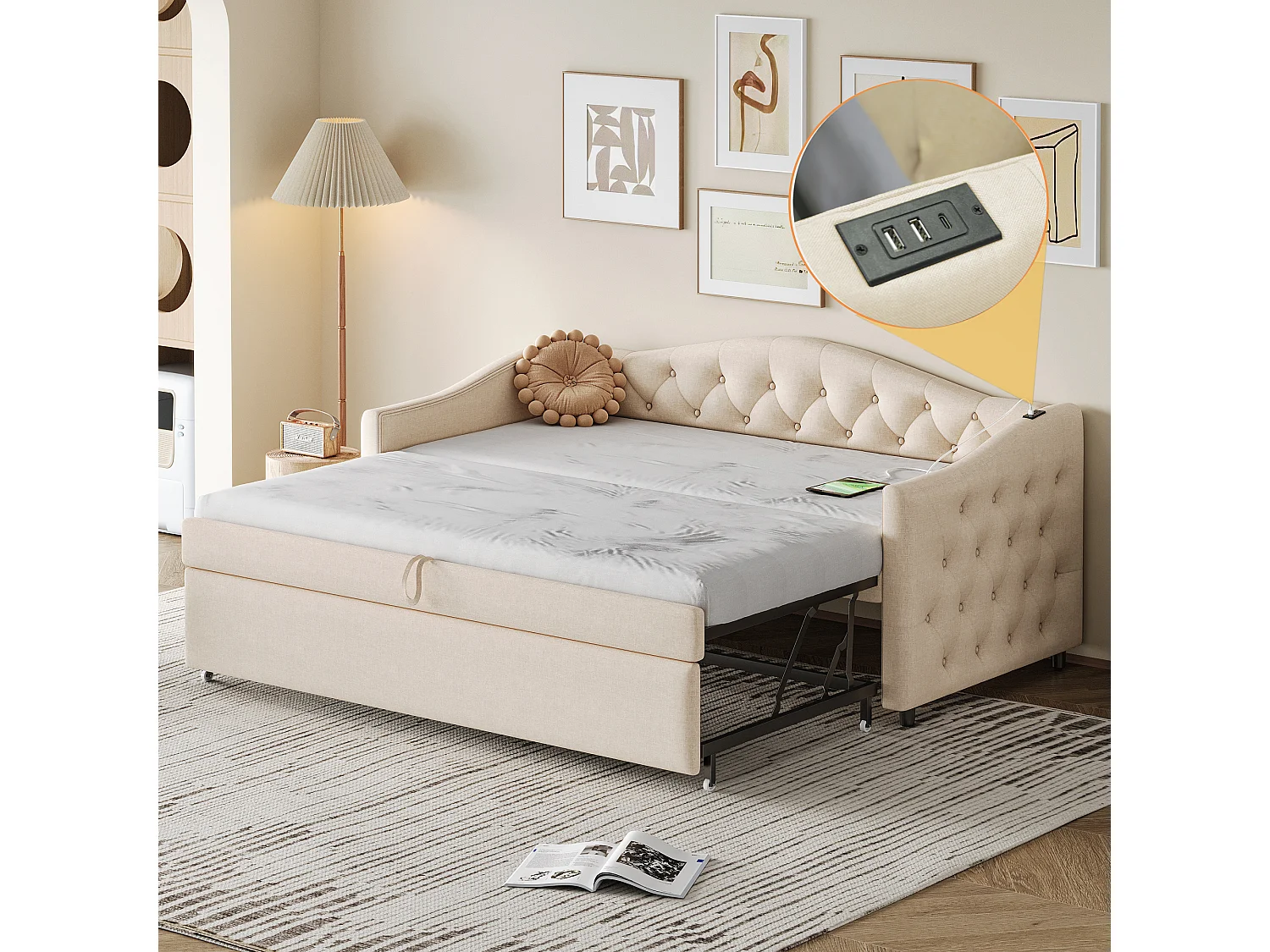 Lit gigogne 90 x 200 cm avec prises USB, canapé-lit - Tissu en lin - Sommier à lattes - Beige (sans matelas)