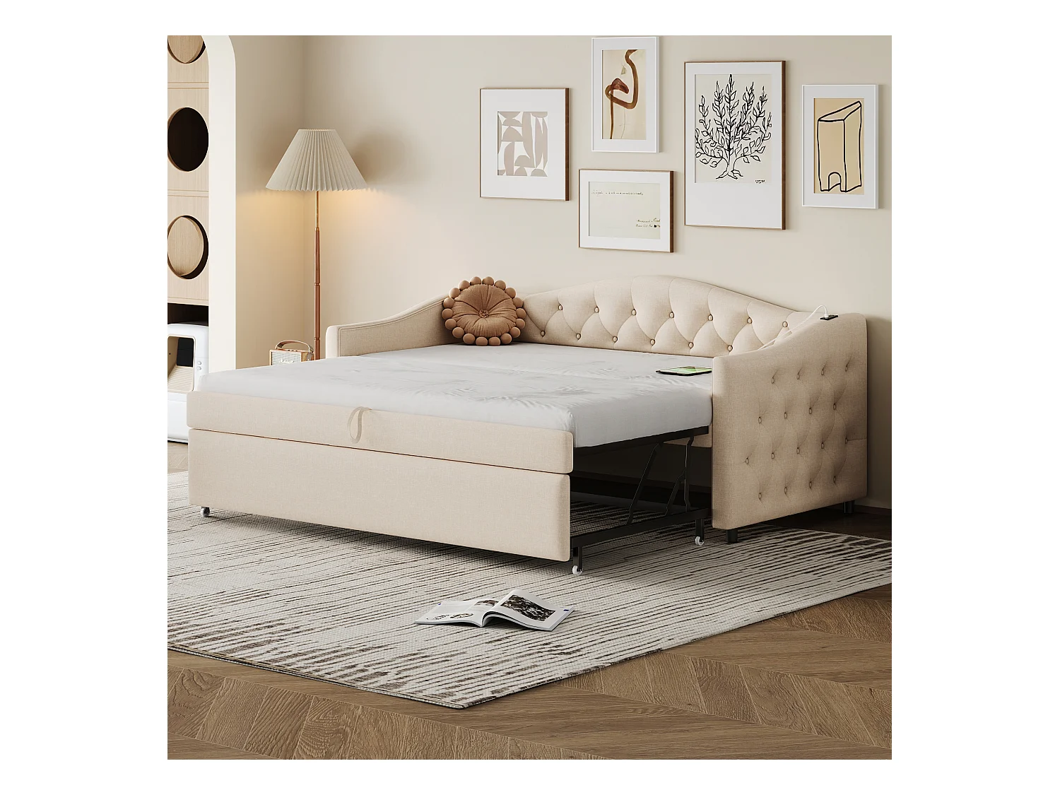 Lit gigogne 90 x 200 cm avec prises USB, canapé-lit - Tissu en lin - Sommier à lattes - Beige (sans matelas)