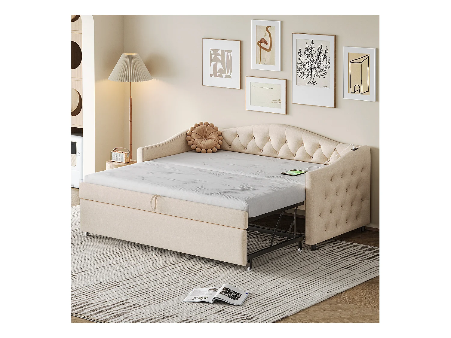 Lit gigogne 90 x 200 cm avec prises USB, canapé-lit - Tissu en lin - Sommier à lattes - Beige (sans matelas)