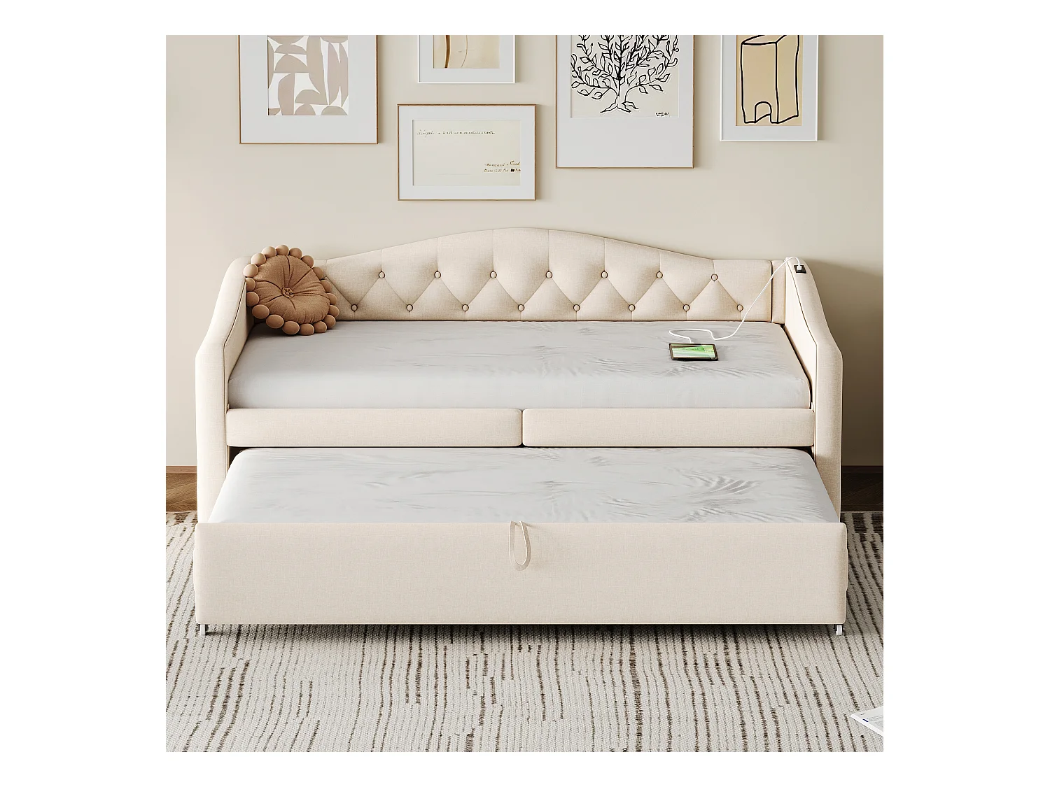 Lit gigogne 90 x 200 cm avec prises USB, canapé-lit - Tissu en lin - Sommier à lattes - Beige (sans matelas)