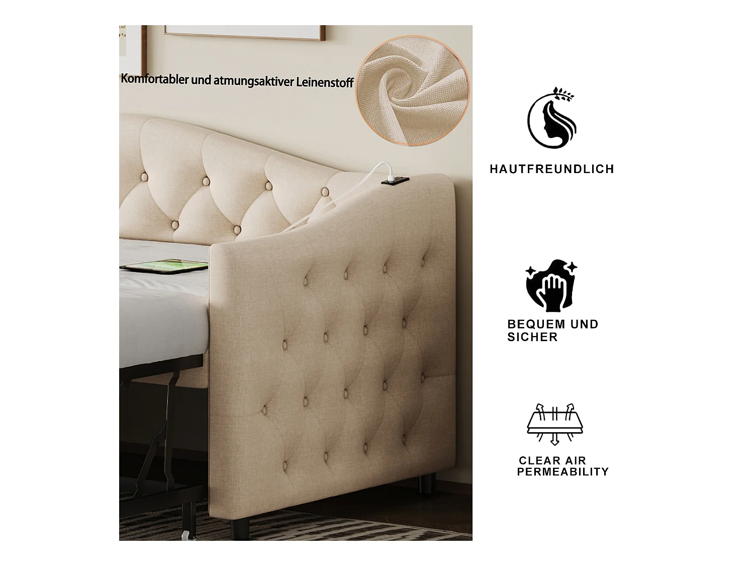 Lit gigogne 90 x 200 cm avec prises USB, canapé-lit - Tissu en lin - Sommier à lattes - Beige (sans matelas)