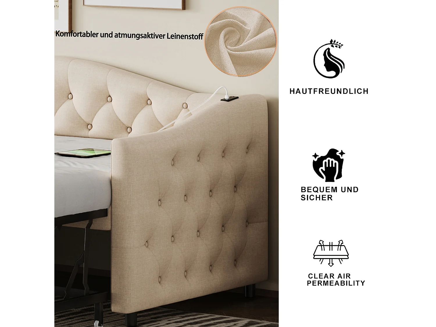 Łóżko wysuwane 90 x 200 cm z portami USB, sofa rozkładana - Tkanina lniana - Stelaż z listew - Beżowy (bez materaca)