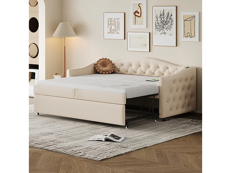 Lit gigogne 90 x 200 cm avec prises USB, canapé-lit - Tissu en lin - Sommier à lattes - Beige (sans matelas)