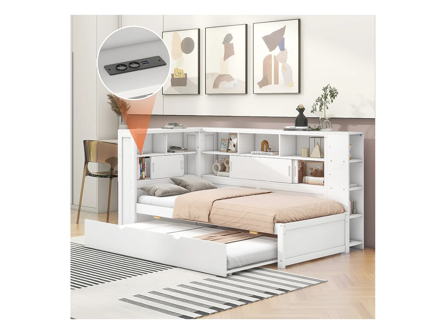 Lit gigogne 90 x 190/200 cm avec tête de lit - Placards de rangement et Prises USB - Panneaux de particules+MDF - Blanc (sans matelas)