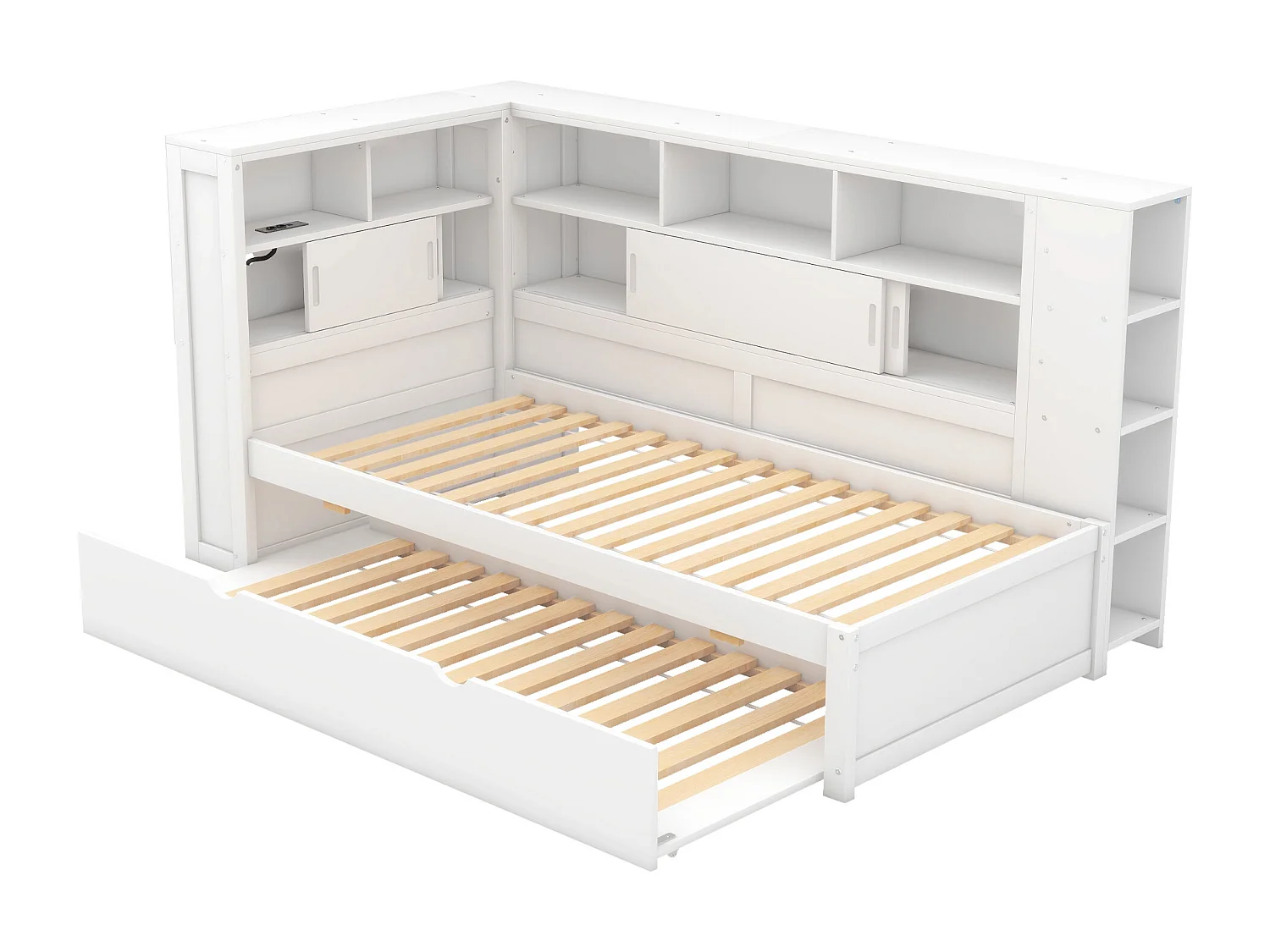 Łóżko wysuwane 90 x 190/200 cm z wezgłowiem - Szafki do przechowywania i gniazda USB - Płyta wiórowa + MDF - Białe (bez materaca)