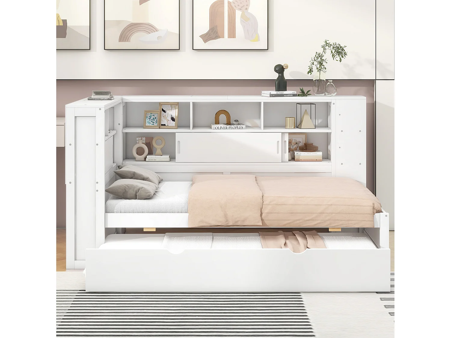 Ausziehbett 90 x 190/200 cm mit Kopfteil – Stauschränke und USB-Anschlüsse – Spanplatte + MDF – Weiß (ohne Matratze)