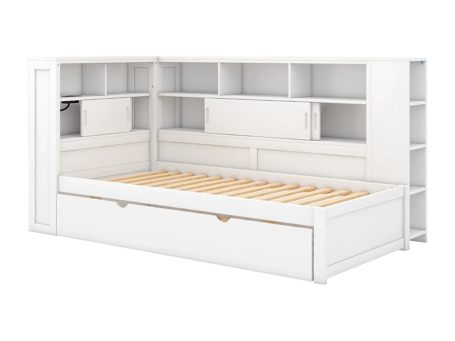 Ausziehbett 90 x 190/200 cm mit Kopfteil – Stauschränke und USB-Anschlüsse – Spanplatte + MDF – Weiß (ohne Matratze)