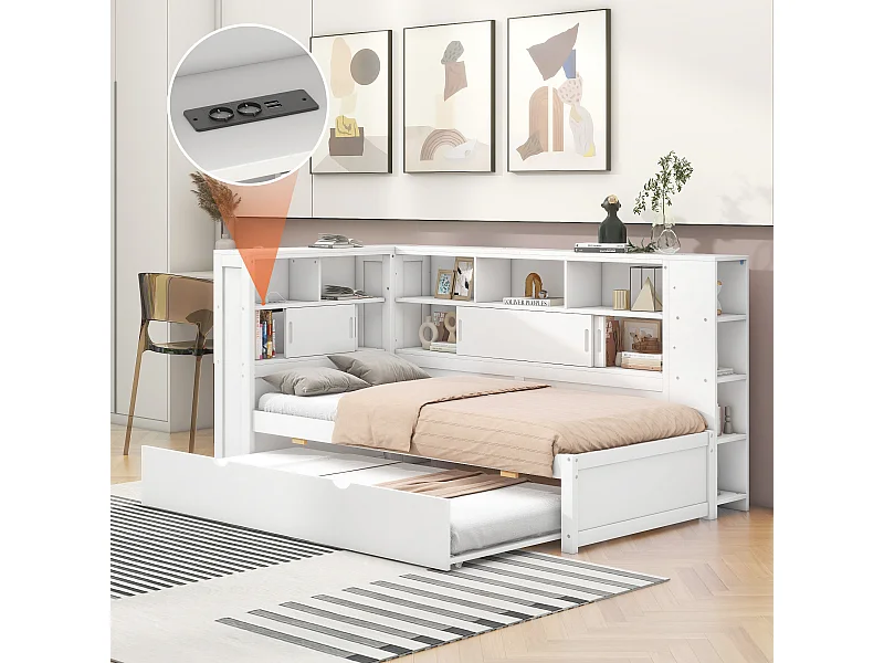 Lit gigogne 90 x 190/200 cm avec tête de lit - Placards de rangement et Prises USB - Panneaux de particules+MDF - Blanc (sans matelas)