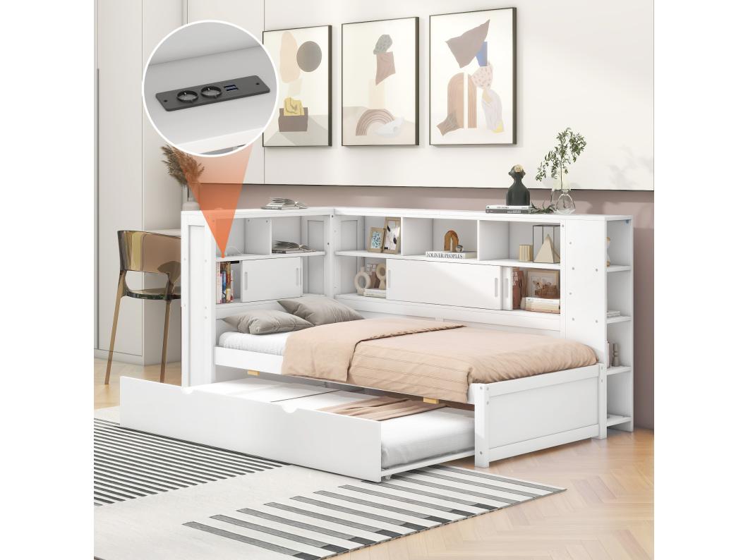 Łóżko wysuwane 90 x 190/200 cm z wezgłowiem - Szafki do przechowywania i gniazda USB - Płyta wiórowa + MDF - Białe (bez materaca)