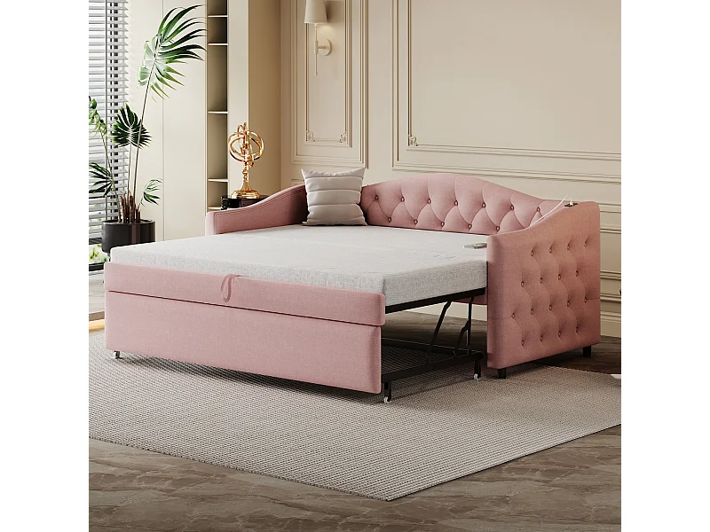 Lit gigogne 90 x 200 cm  avec prises USB, canapé-lit - Tissu en lin - Sommier à lattes - Rose (sans matelas)