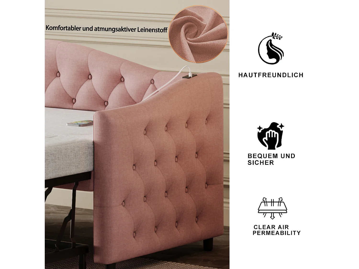 Ausziehbett 90 x 200 cm mit USB-Anschlüssen, Schlafsofa – Leinenstoff – Lattenrost – Rosa (ohne Matratze)