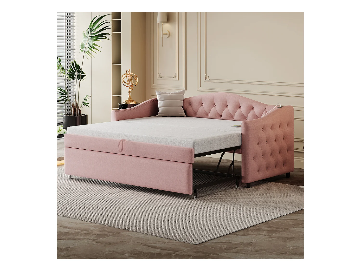 Ausziehbett 90 x 200 cm mit USB-Anschlüssen, Schlafsofa – Leinenstoff – Lattenrost – Rosa (ohne Matratze)