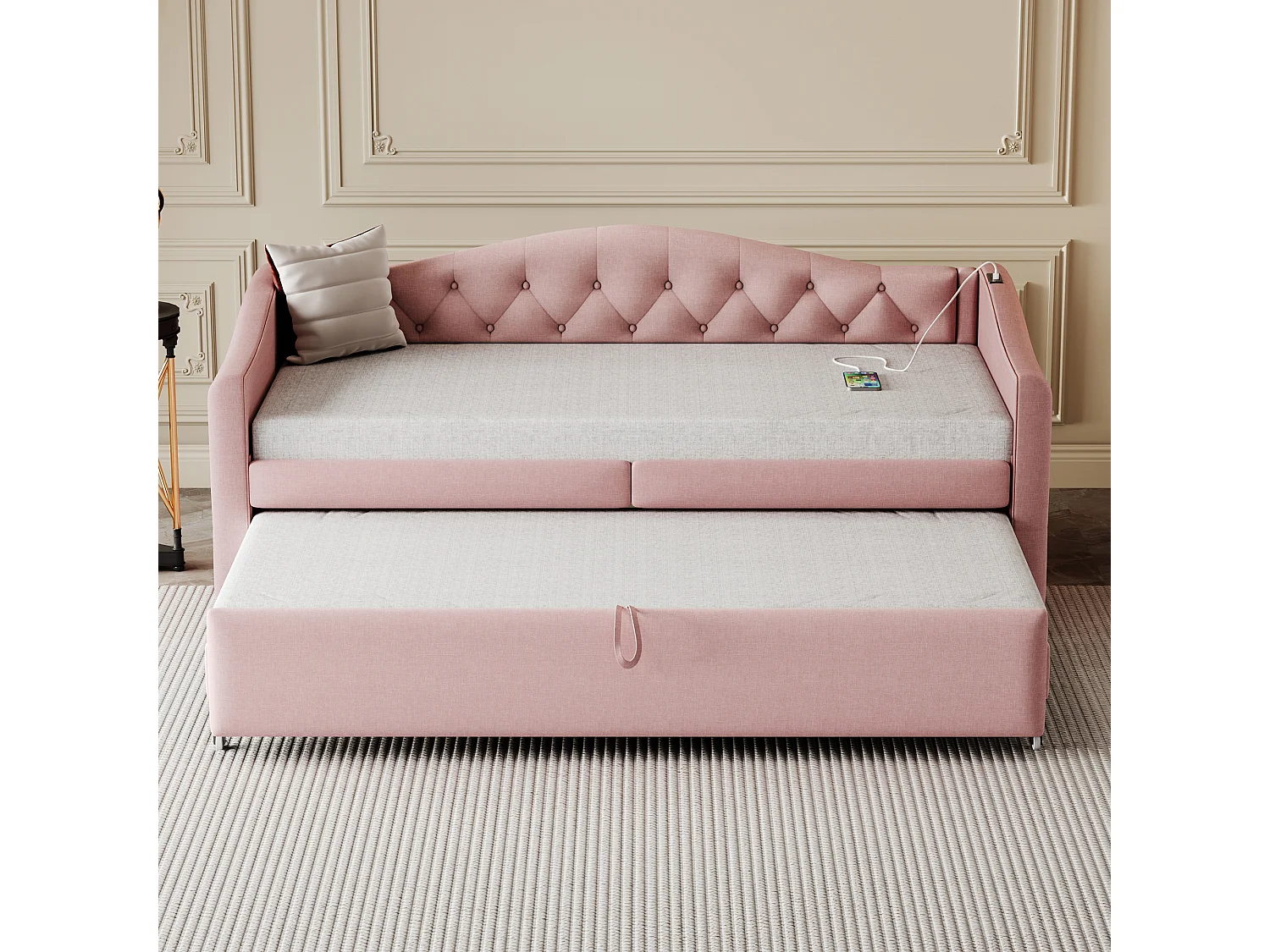 Cama nido 90 x 200 cm con tomas USB, sofá cama - Tela de lino - Somier de láminas - Rosa (sin colchón)