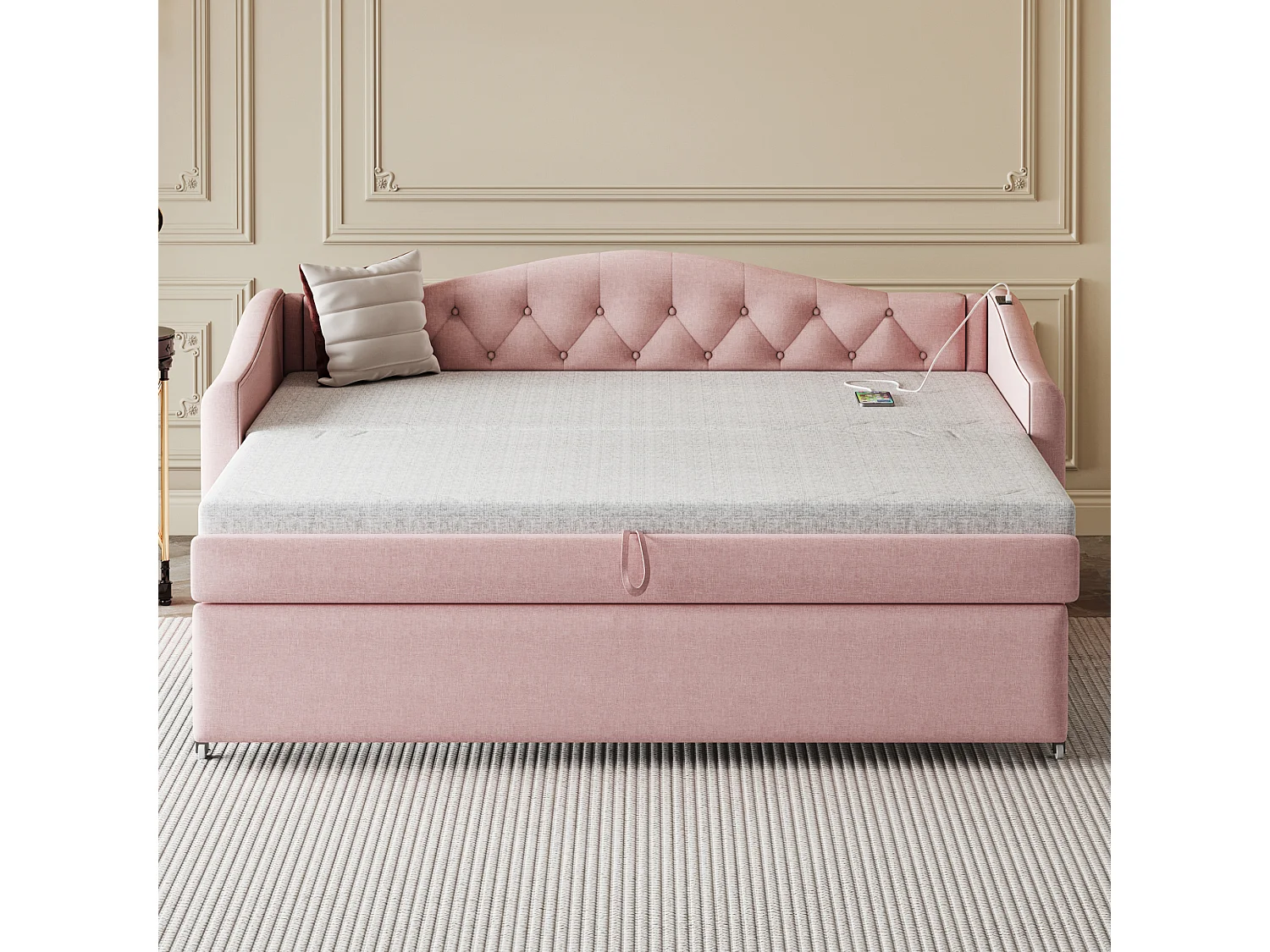 Cama nido 90 x 200 cm con tomas USB, sofá cama - Tela de lino - Somier de láminas - Rosa (sin colchón)