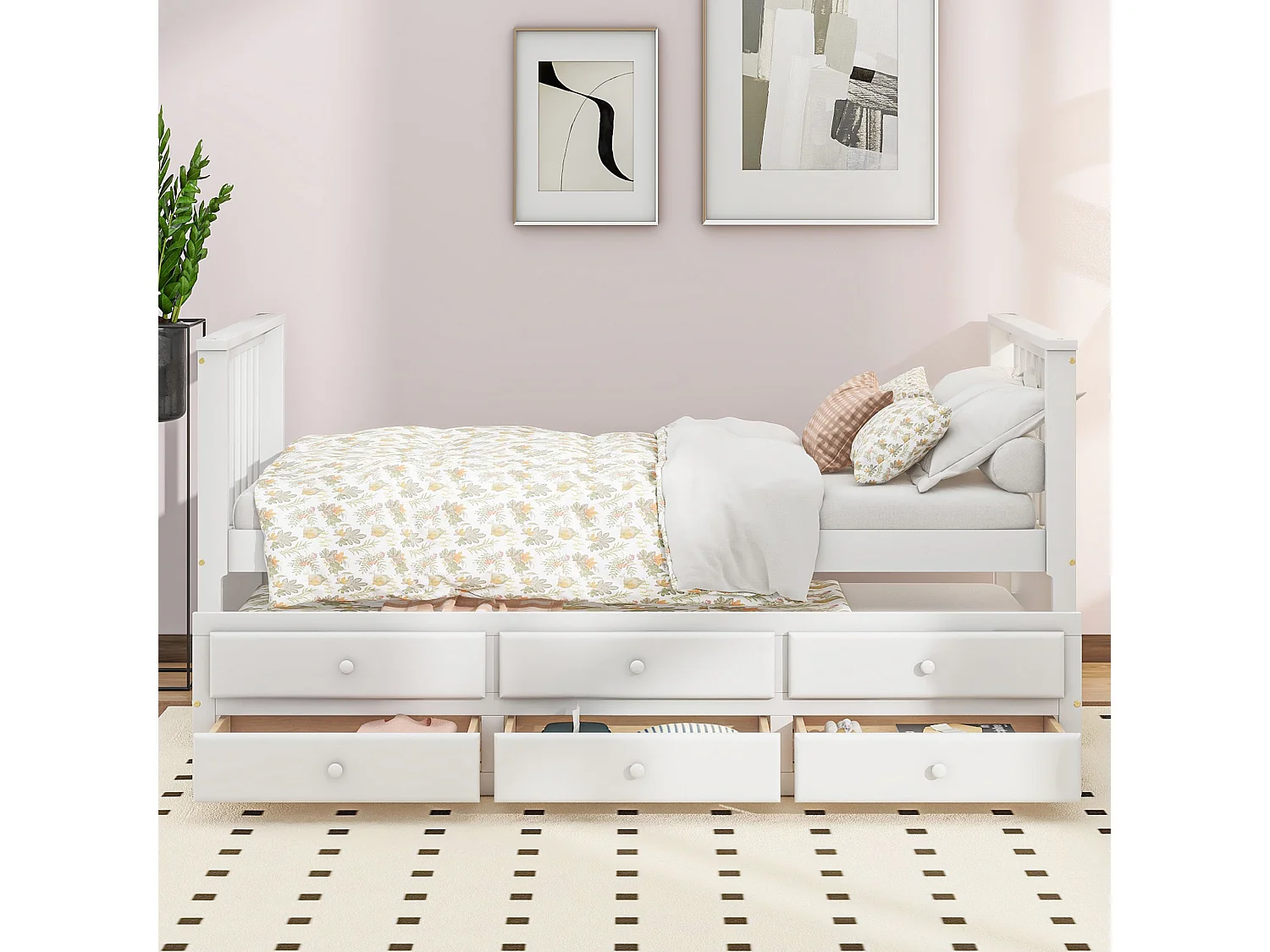 Letto estraibile 90 x 200 cm + 90 x 190 cm con 3 cassetti - Legno massello + MDF - Rete a doghe - Bianco (senza materasso)