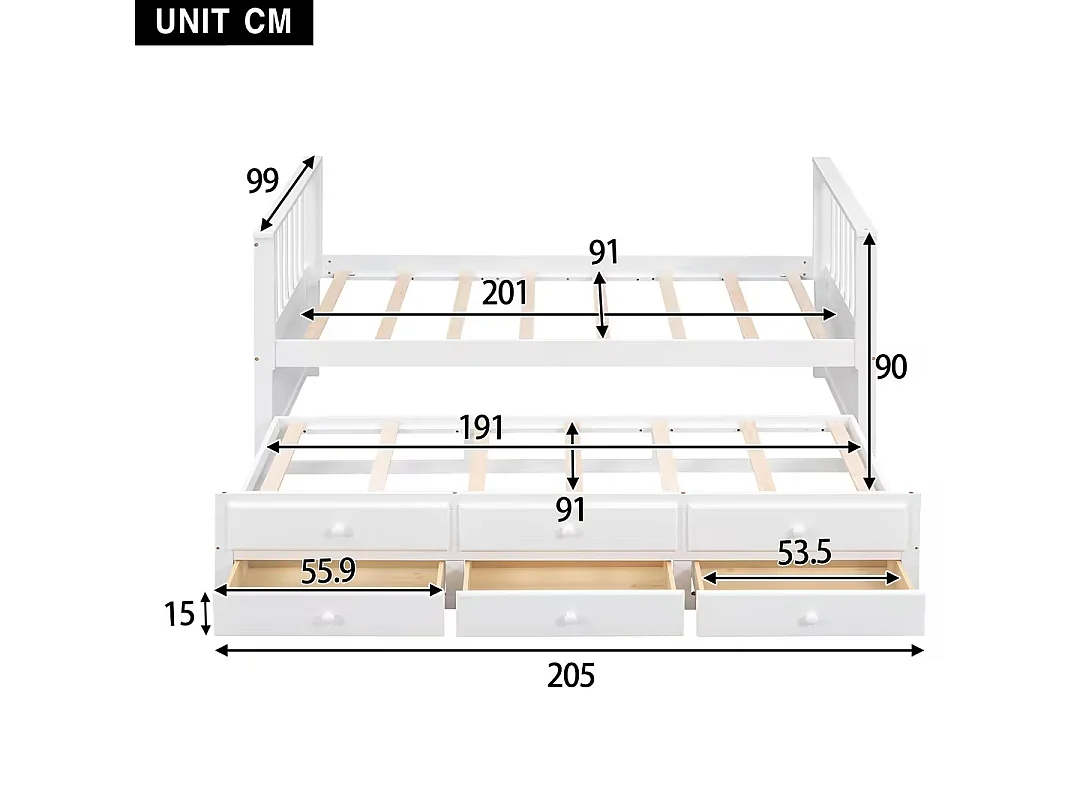 Letto estraibile 90 x 200 cm + 90 x 190 cm con 3 cassetti - Legno massello + MDF - Rete a doghe - Bianco (senza materasso)