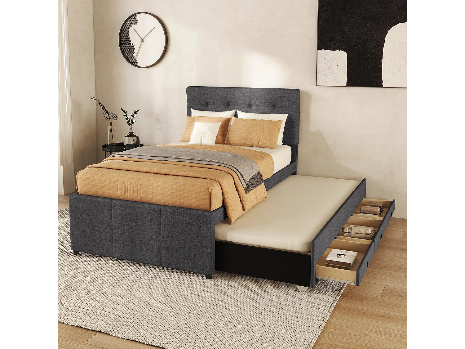Cama de rodízio 90 x 190/200 cm com cabeceira regulável - 3 gavetas - Tecido de linho - Base de ripas - cinza (sem colchão)