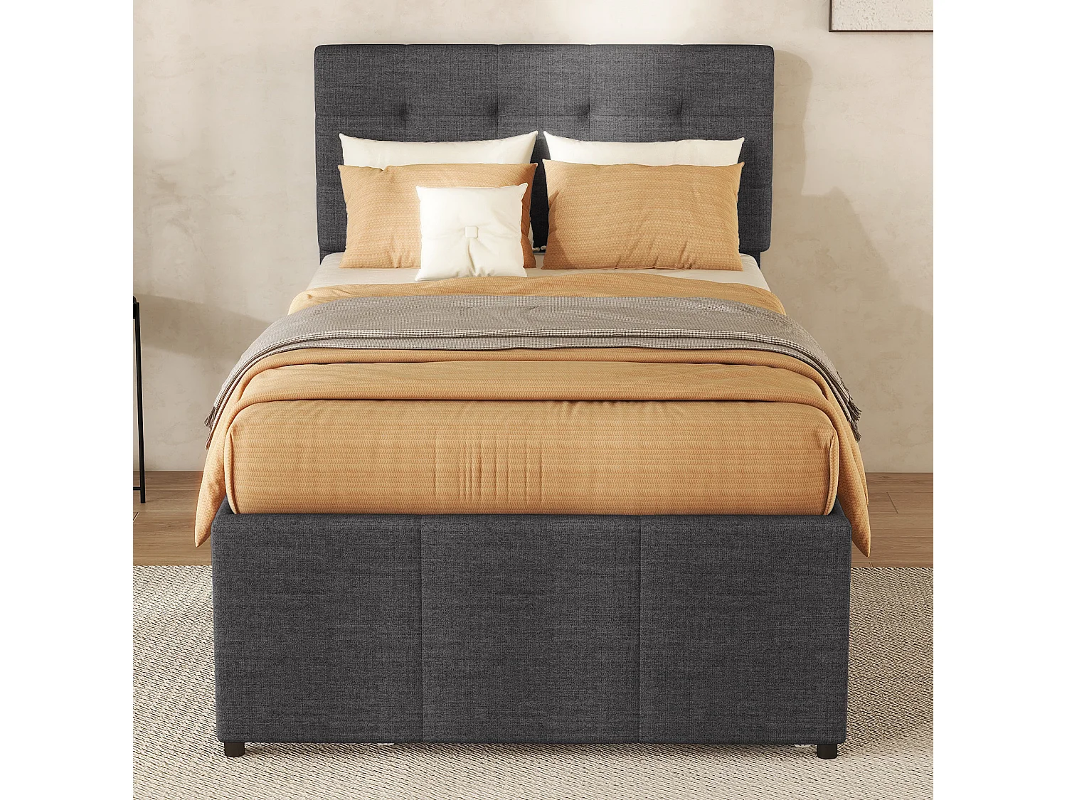 Cama de rodízio 90 x 190/200 cm com cabeceira regulável - 3 gavetas - Tecido de linho - Base de ripas - cinza (sem colchão)