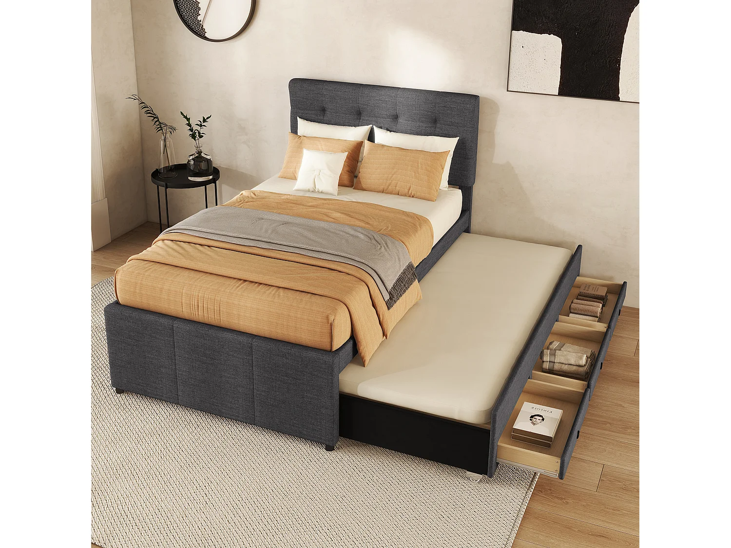 Cama de rodízio 90 x 190/200 cm com cabeceira regulável - 3 gavetas - Tecido de linho - Base de ripas - cinza (sem colchão)