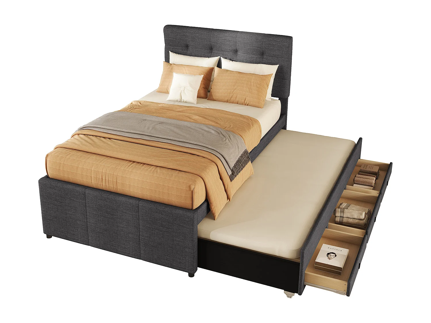 Cama de rodízio 90 x 190/200 cm com cabeceira regulável - 3 gavetas - Tecido de linho - Base de ripas - cinza (sem colchão)