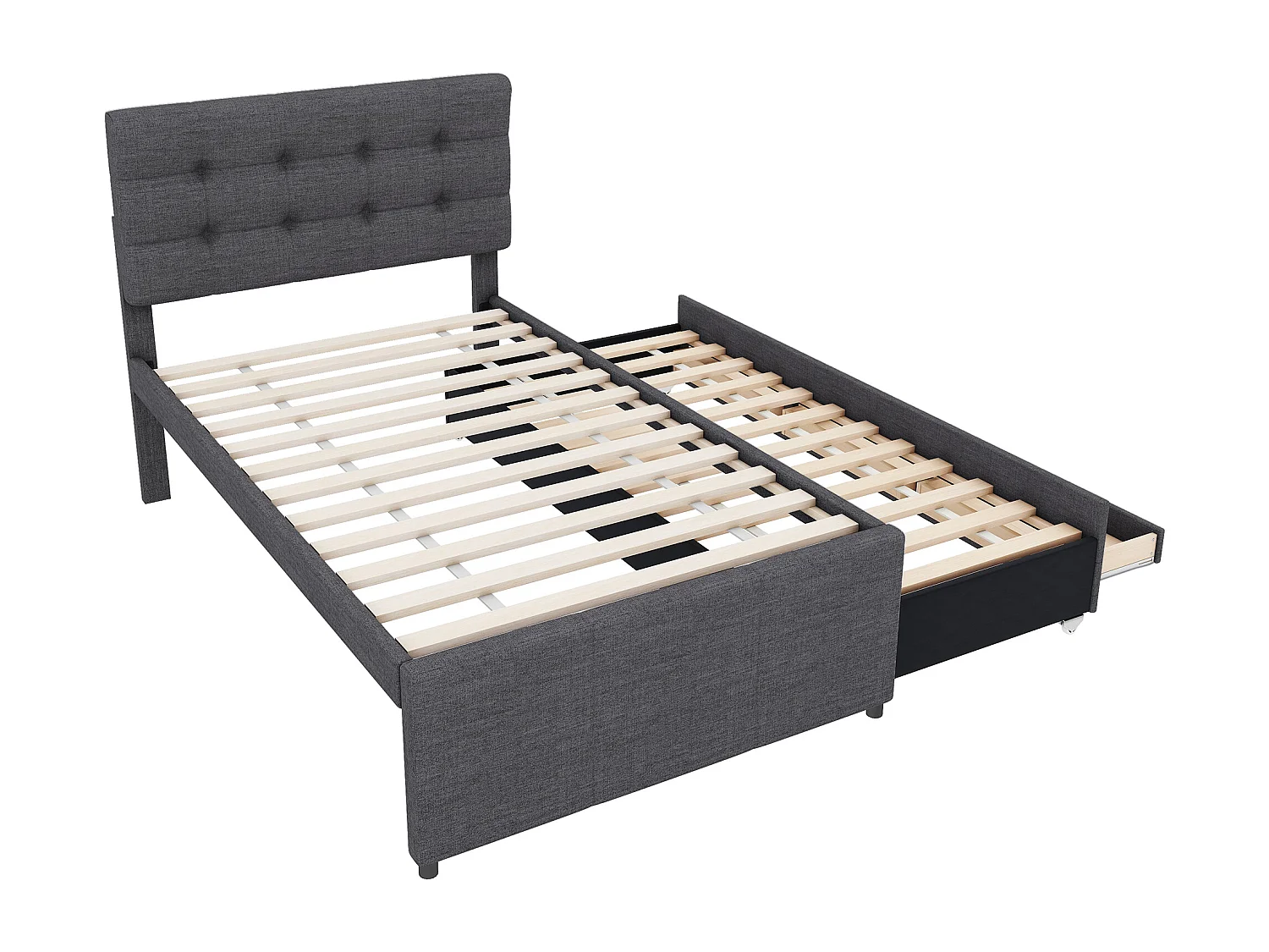 Cama de rodízio 90 x 190/200 cm com cabeceira regulável - 3 gavetas - Tecido de linho - Base de ripas - cinza (sem colchão)