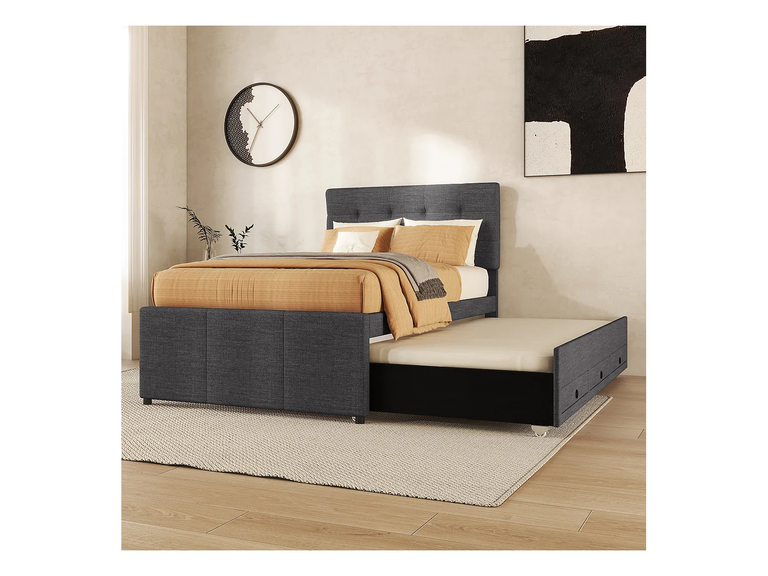 Onderschuifbed 90 x 190/200 cm met verstelbaar hoofdeinde - 3 laden - Linnenstof - Lattenbodem - grijs (zonder matras)