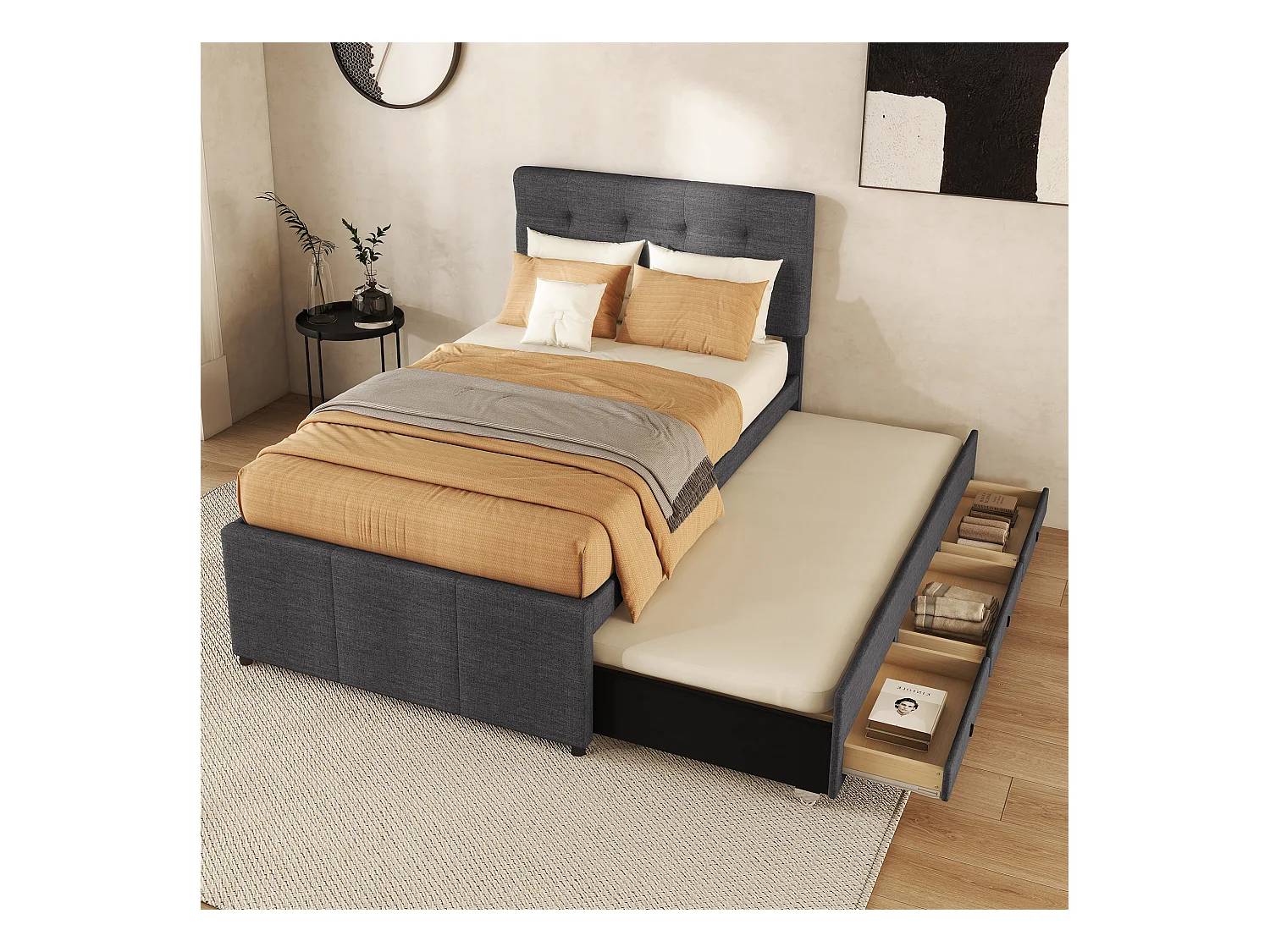 Onderschuifbed 90 x 190/200 cm met verstelbaar hoofdeinde - 3 laden - Linnenstof - Lattenbodem - grijs (zonder matras)