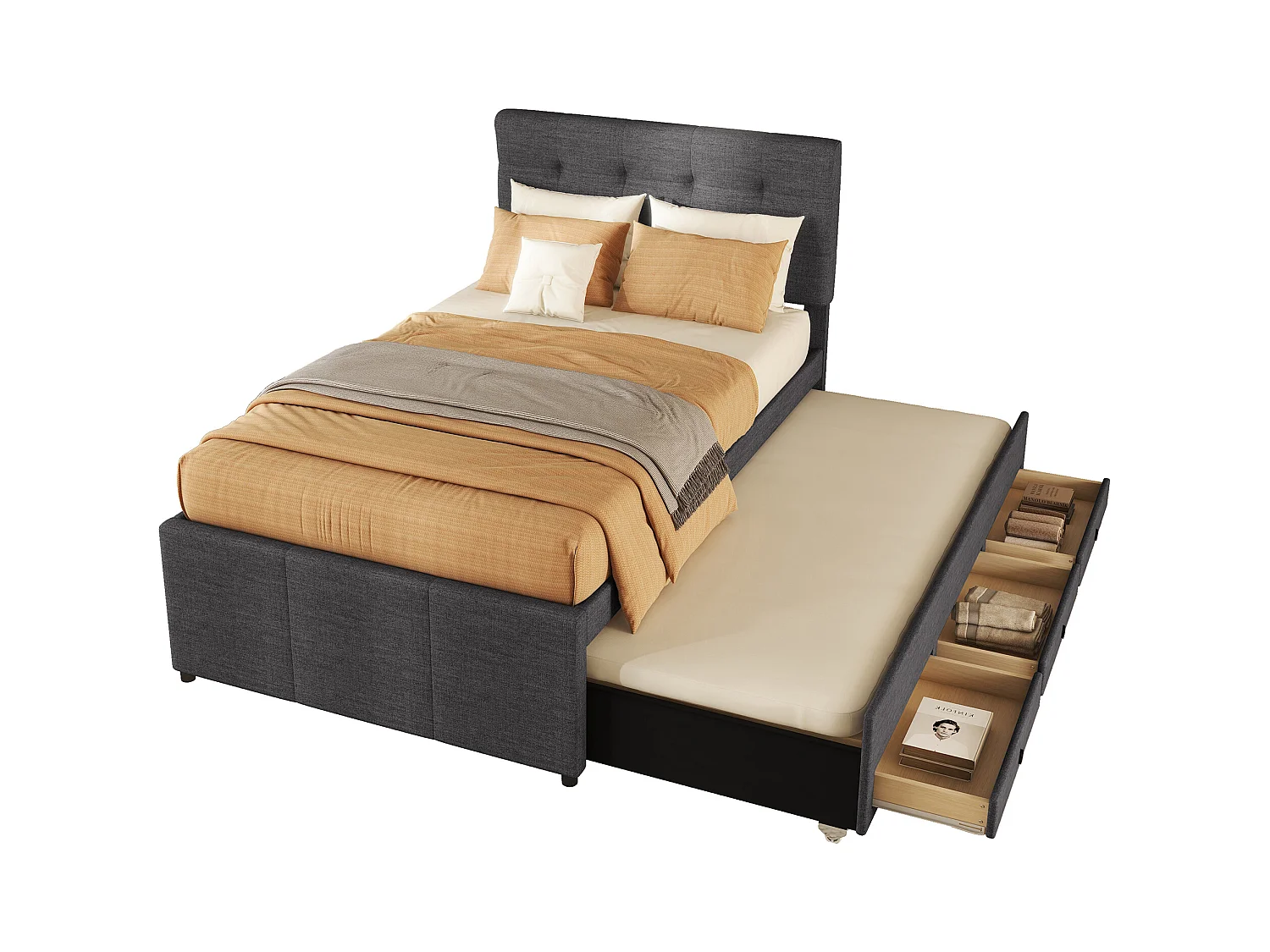 Onderschuifbed 90 x 190/200 cm met verstelbaar hoofdeinde - 3 laden - Linnenstof - Lattenbodem - grijs (zonder matras)