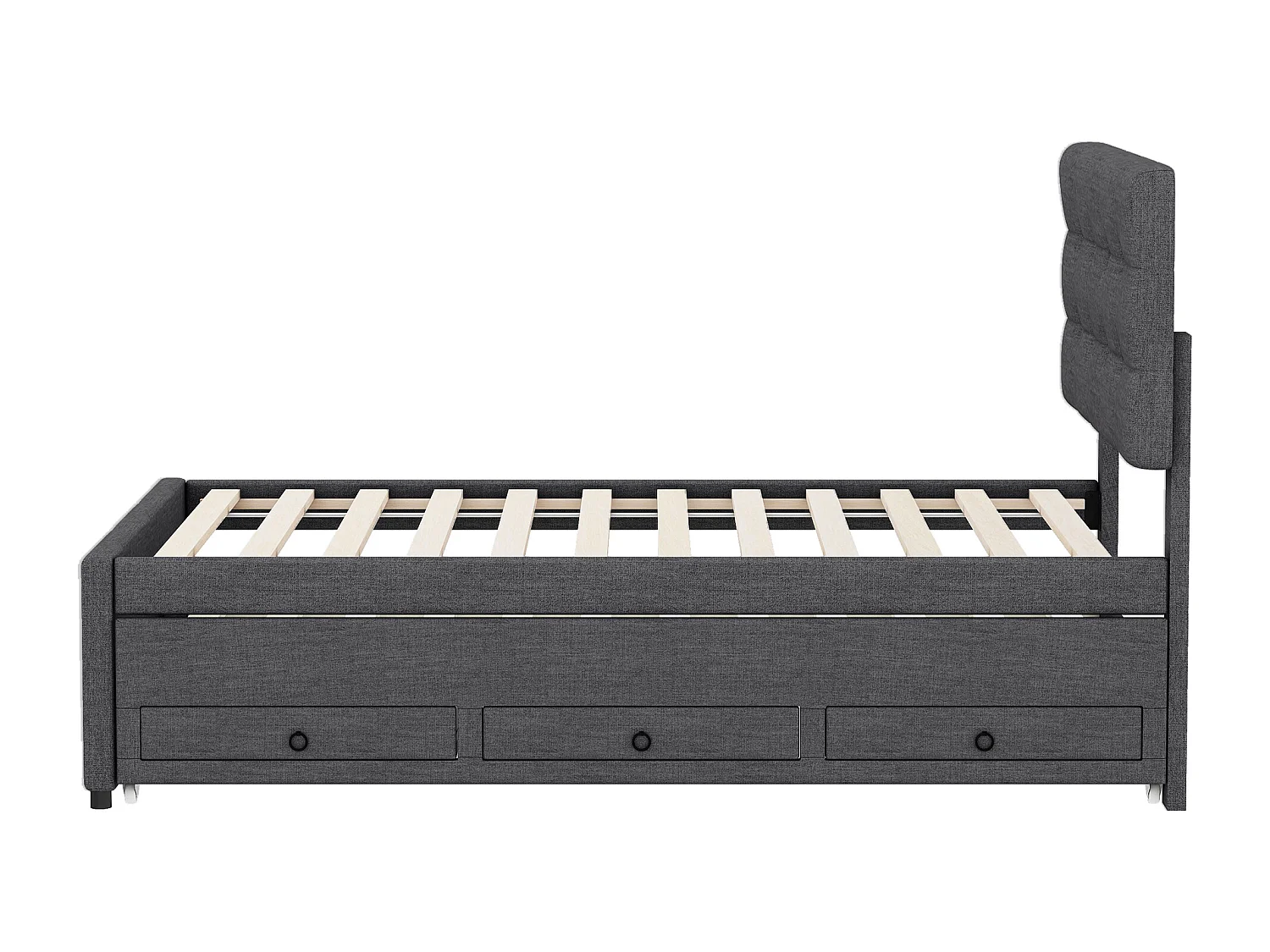 Rollbett 90 x 190/200 cm mit verstellbarem Kopfteil – 3 Schubladen – Leinenstoff – Lattenrost – Grau (ohne Matratze)