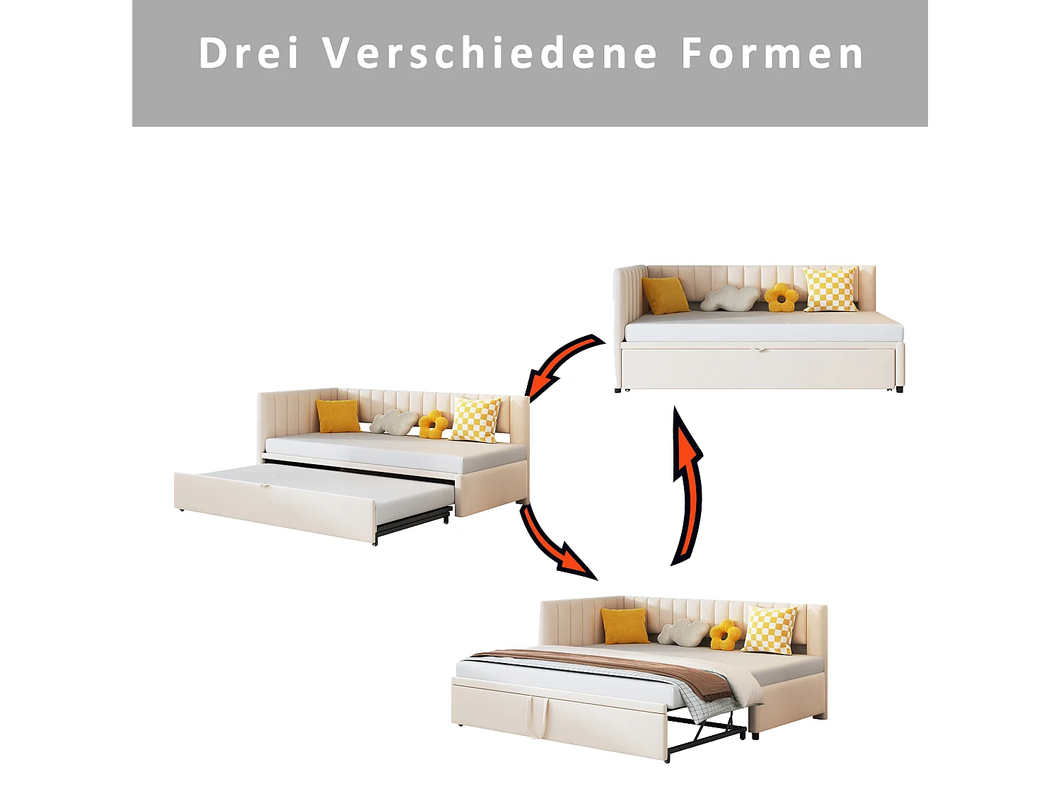 Lit gigogne 90/180 x 200 cm en forme de L, Canapé-lit - Velours - Sommier à lattes - Beige (sans matelas)