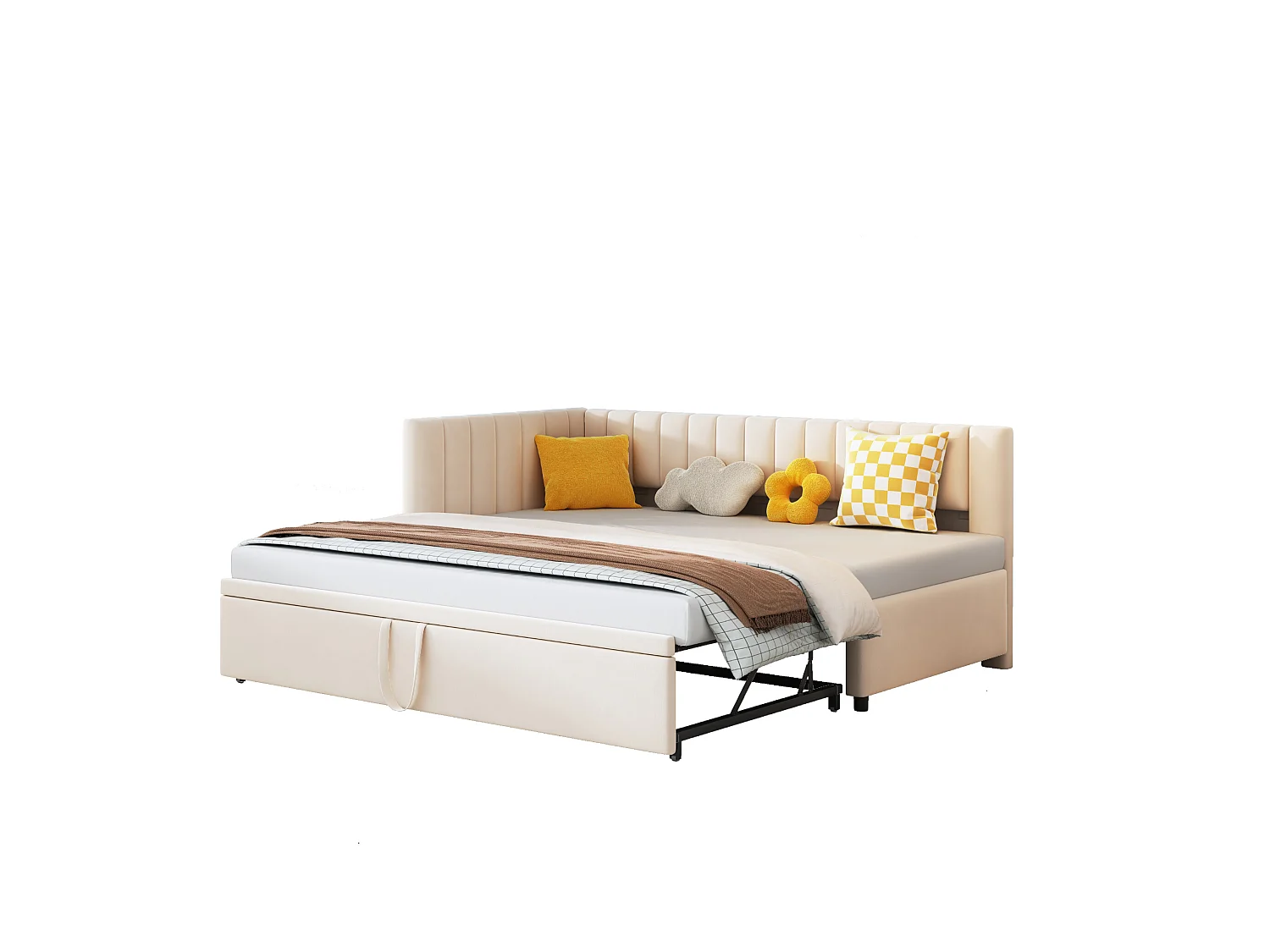Divano letto, Letto estraibile 90/180 x 200 cm a L - Velluto - Rete a doghe - Beige (senza materasso)