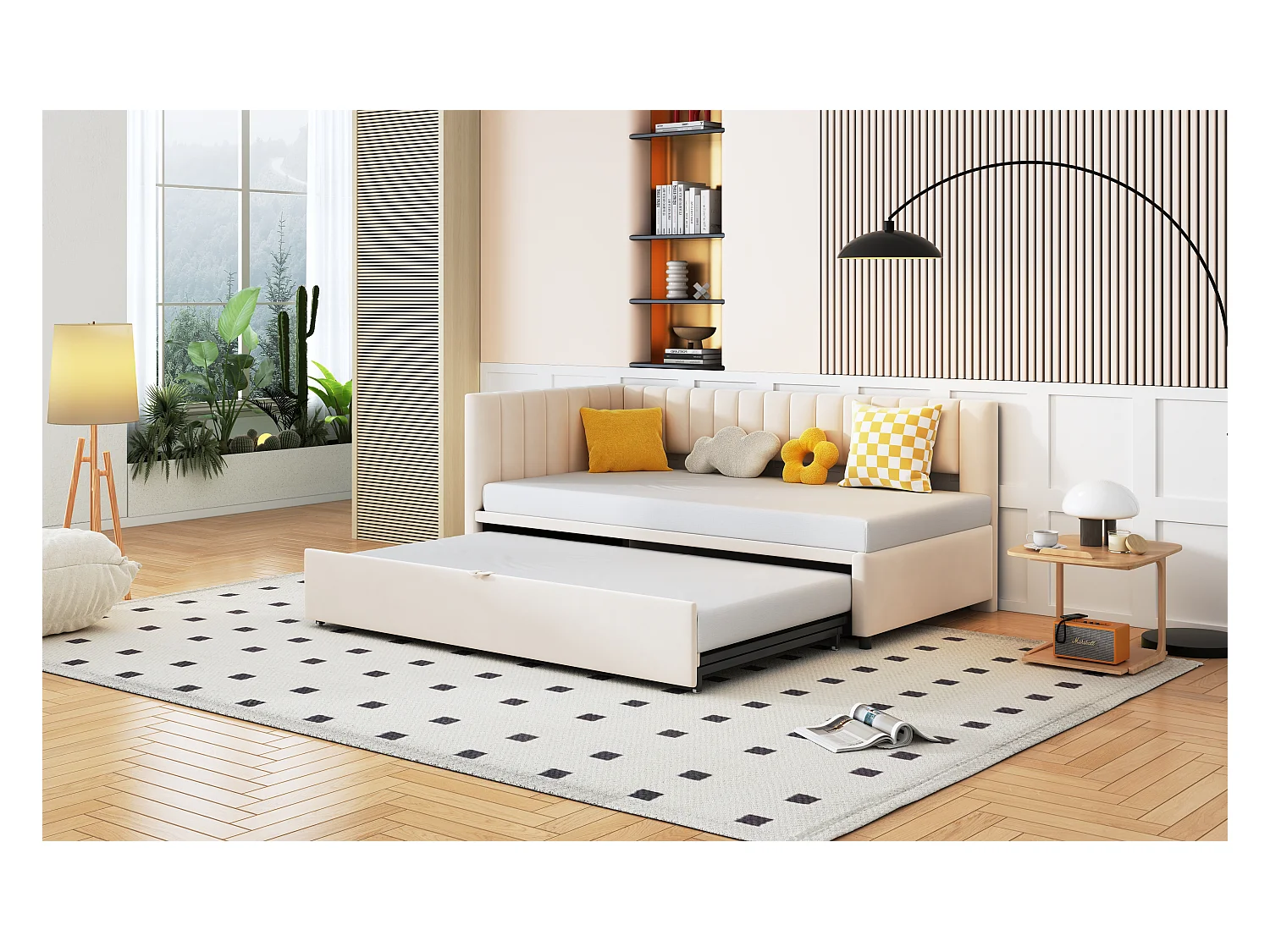 Divano letto, Letto estraibile 90/180 x 200 cm a L - Velluto - Rete a doghe - Beige (senza materasso)