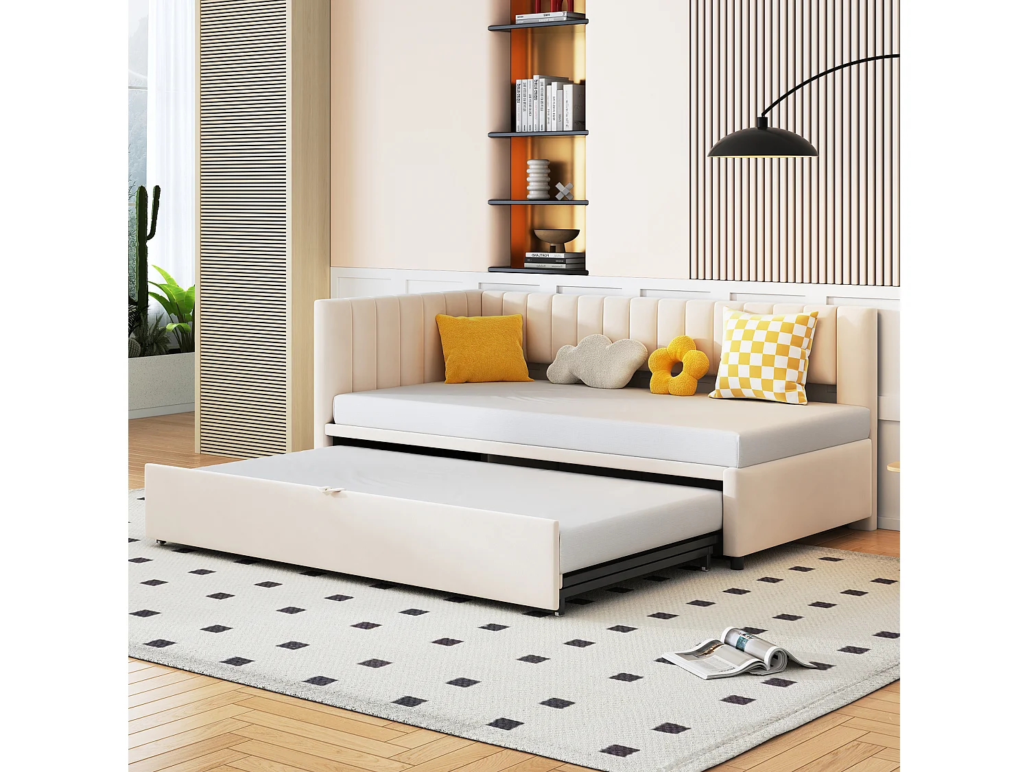 Lit gigogne 90/180 x 200 cm en forme de L, Canapé-lit - Velours - Sommier à lattes - Beige (sans matelas)