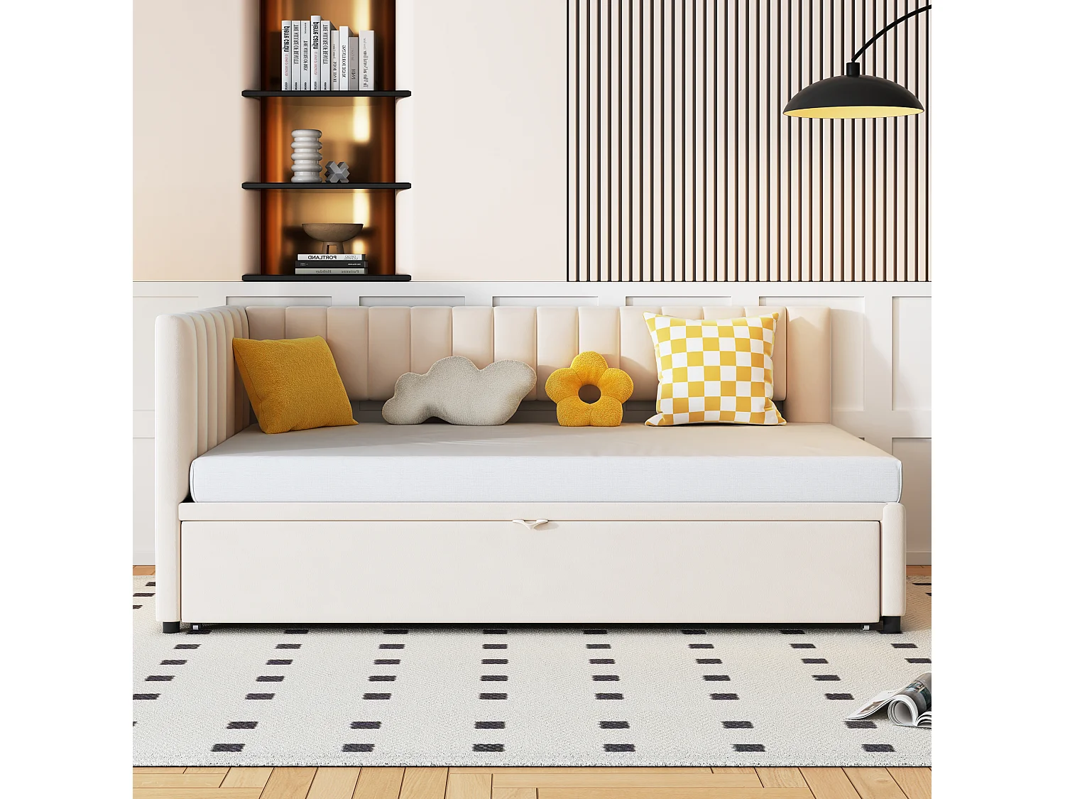 Lit gigogne 90/180 x 200 cm en forme de L, Canapé-lit - Velours - Sommier à lattes - Beige (sans matelas)