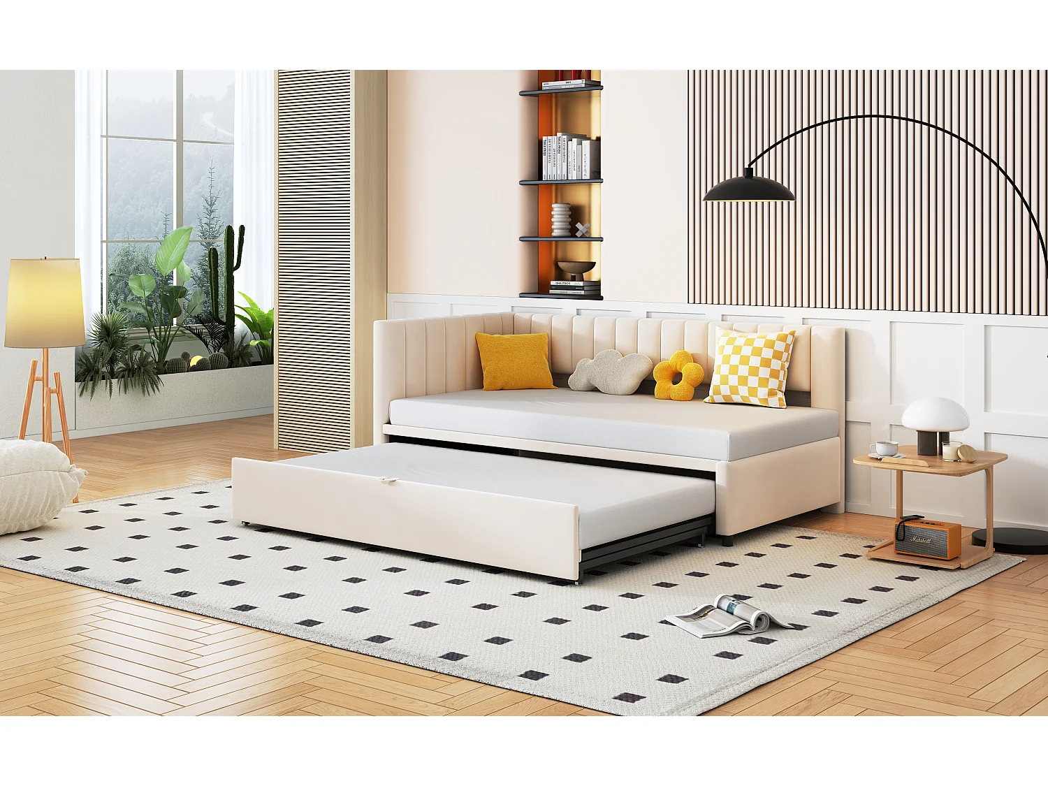 Lit gigogne 90/180 x 200 cm en forme de L, Canapé-lit - Velours - Sommier à lattes - Beige (sans matelas)