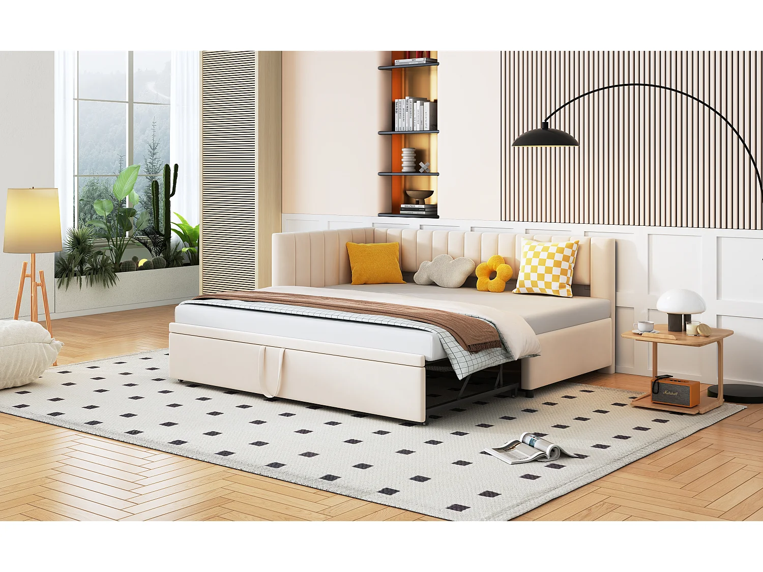 Lit gigogne 90/180 x 200 cm en forme de L, Canapé-lit - Velours - Sommier à lattes - Beige (sans matelas)