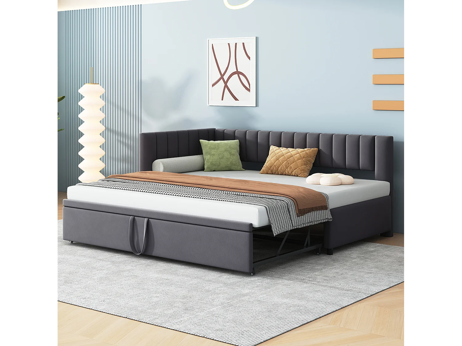 Lit gigogne 90/180 x 200 cm en forme de L, Canapé-lit - Velours - Sommier à lattes - Gris (sans matelas)