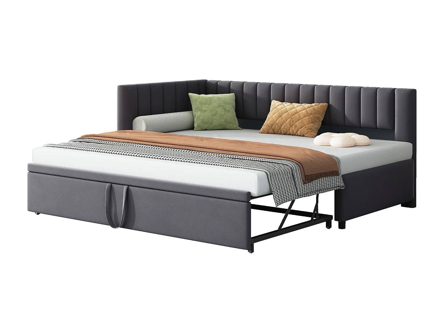 Lit gigogne 90/180 x 200 cm en forme de L, Canapé-lit - Velours - Sommier à lattes - Gris (sans matelas)