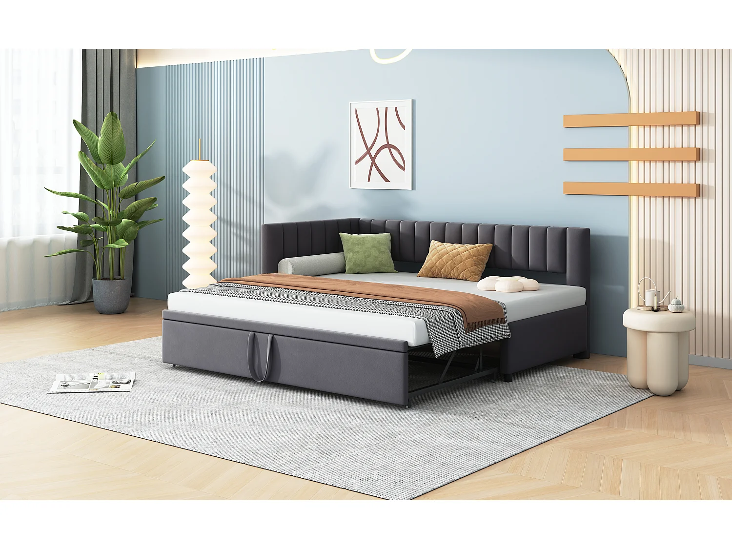 Lit gigogne 90/180 x 200 cm en forme de L, Canapé-lit - Velours - Sommier à lattes - Gris (sans matelas)