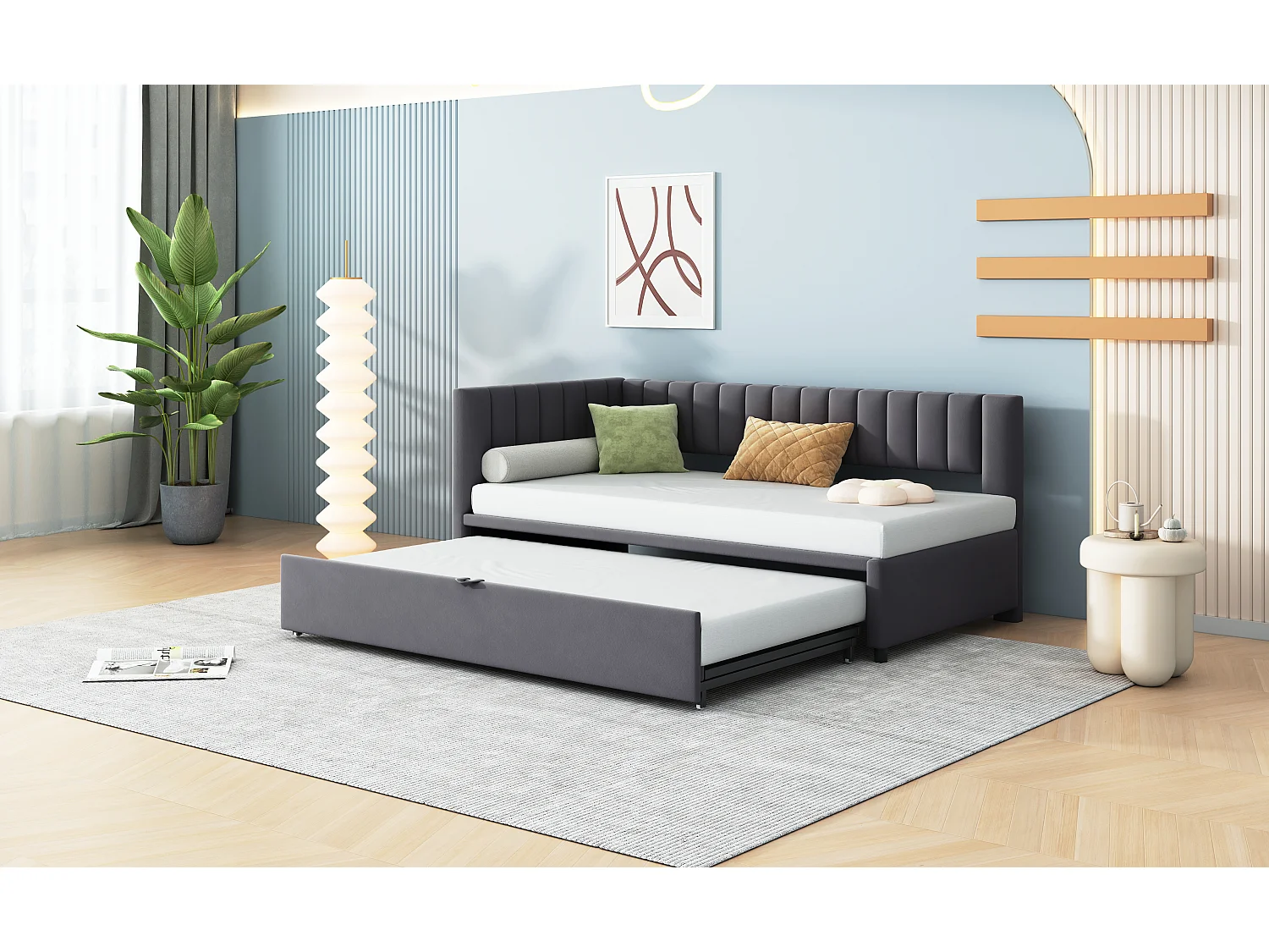 Lit gigogne 90/180 x 200 cm en forme de L, Canapé-lit - Velours - Sommier à lattes - Gris (sans matelas)