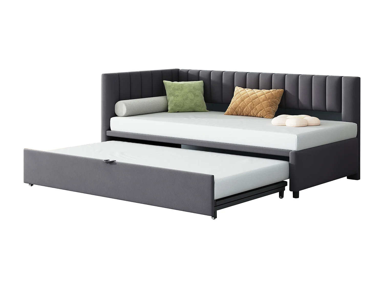 Lit gigogne 90/180 x 200 cm en forme de L, Canapé-lit - Velours - Sommier à lattes - Gris (sans matelas)