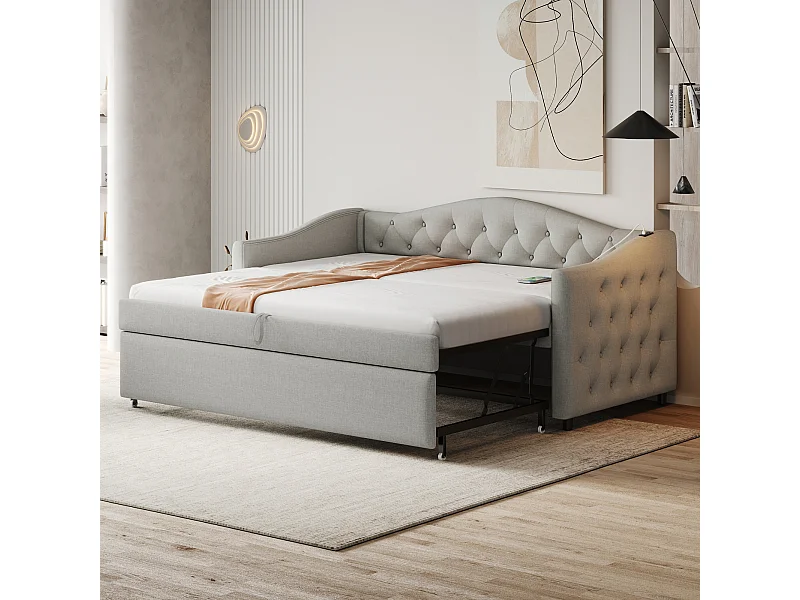 Lit gigogne 90 x 200 cm avec prises USB, canapé-lit - Tissu en lin - Sommier à lattes - Gris (sans matelas)