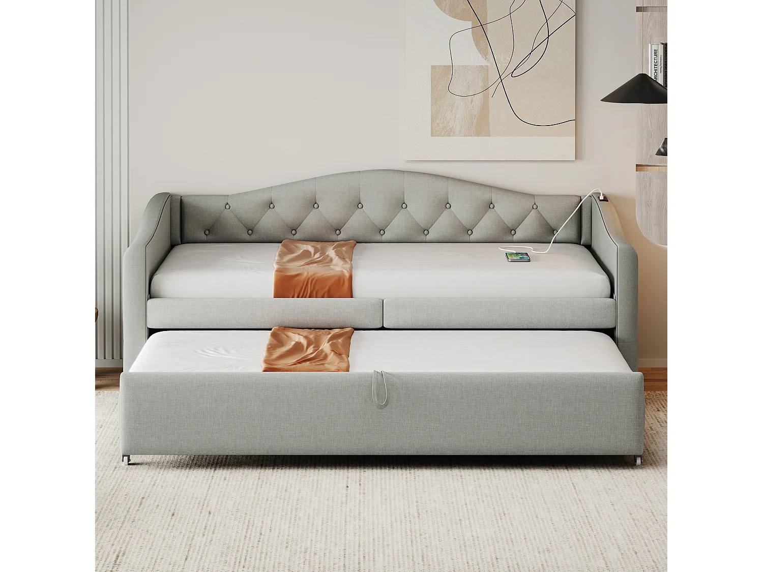 Lit gigogne 90 x 200 cm avec prises USB, canapé-lit - Tissu en lin - Sommier à lattes - Gris (sans matelas)