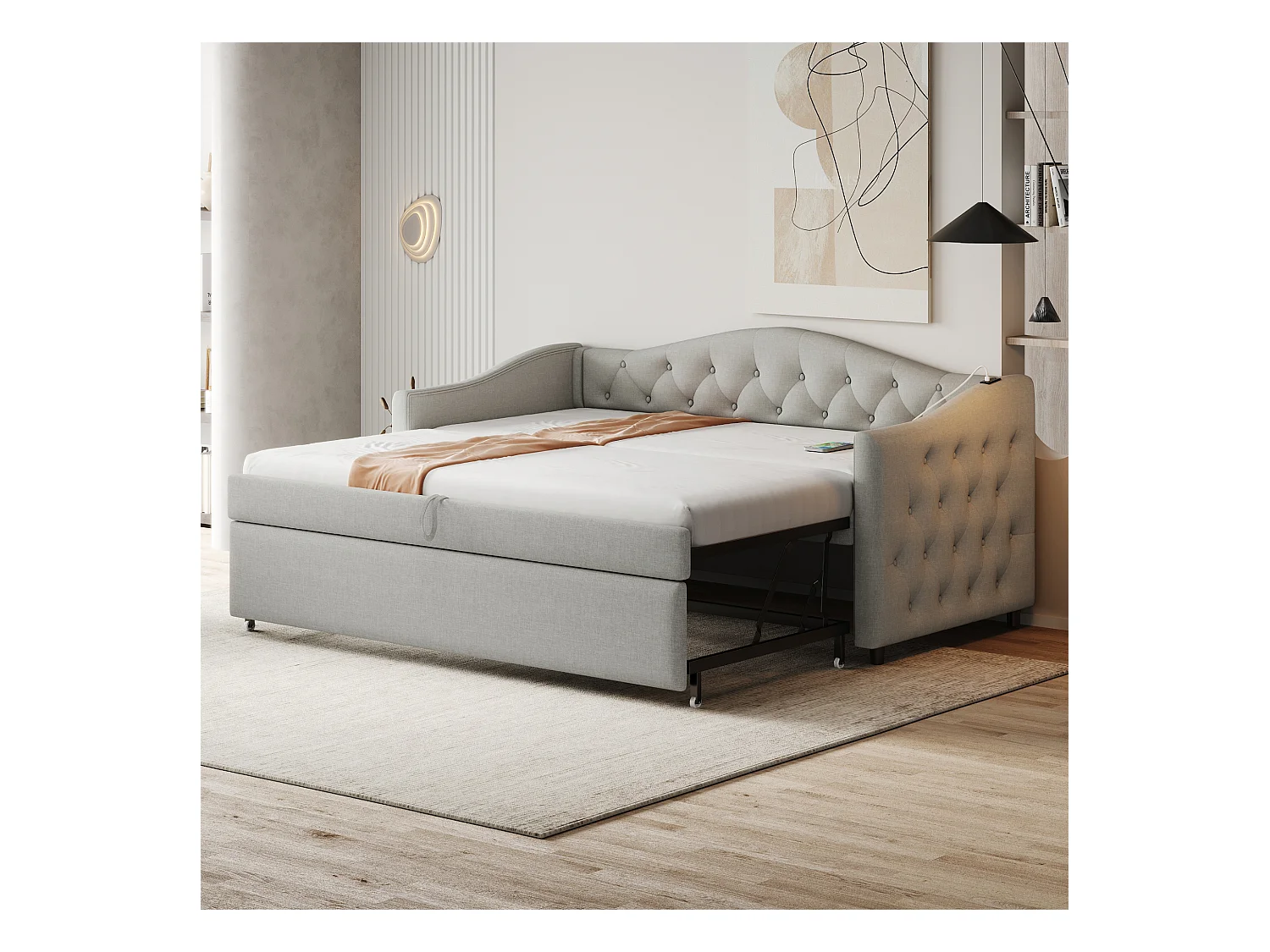 Lit gigogne 90 x 200 cm avec prises USB, canapé-lit - Tissu en lin - Sommier à lattes - Gris (sans matelas)