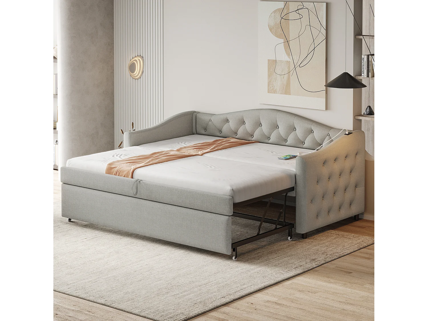 Łóżko wysuwane 90 x 200 cm z portami USB, sofa rozkładana - Tkanina lniana - Stelaż z listew - Szary (bez materaca)