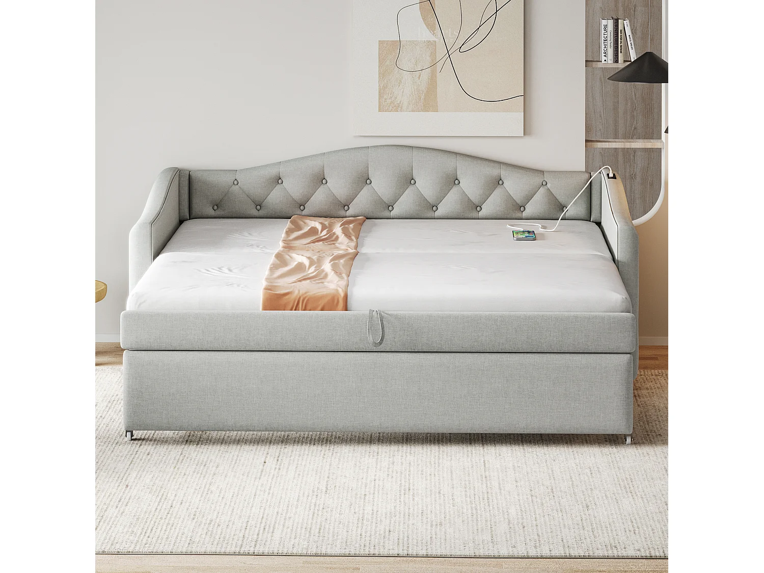 Łóżko wysuwane 90 x 200 cm z portami USB, sofa rozkładana - Tkanina lniana - Stelaż z listew - Szary (bez materaca)