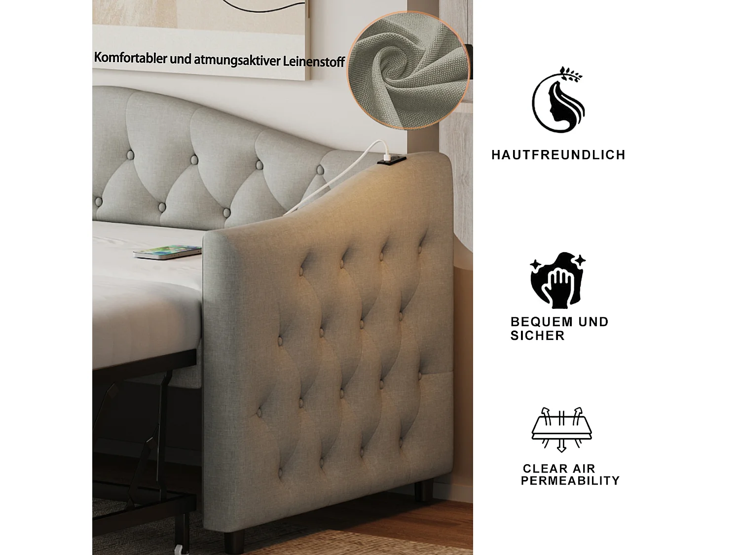 Łóżko wysuwane 90 x 200 cm z portami USB, sofa rozkładana - Tkanina lniana - Stelaż z listew - Szary (bez materaca)