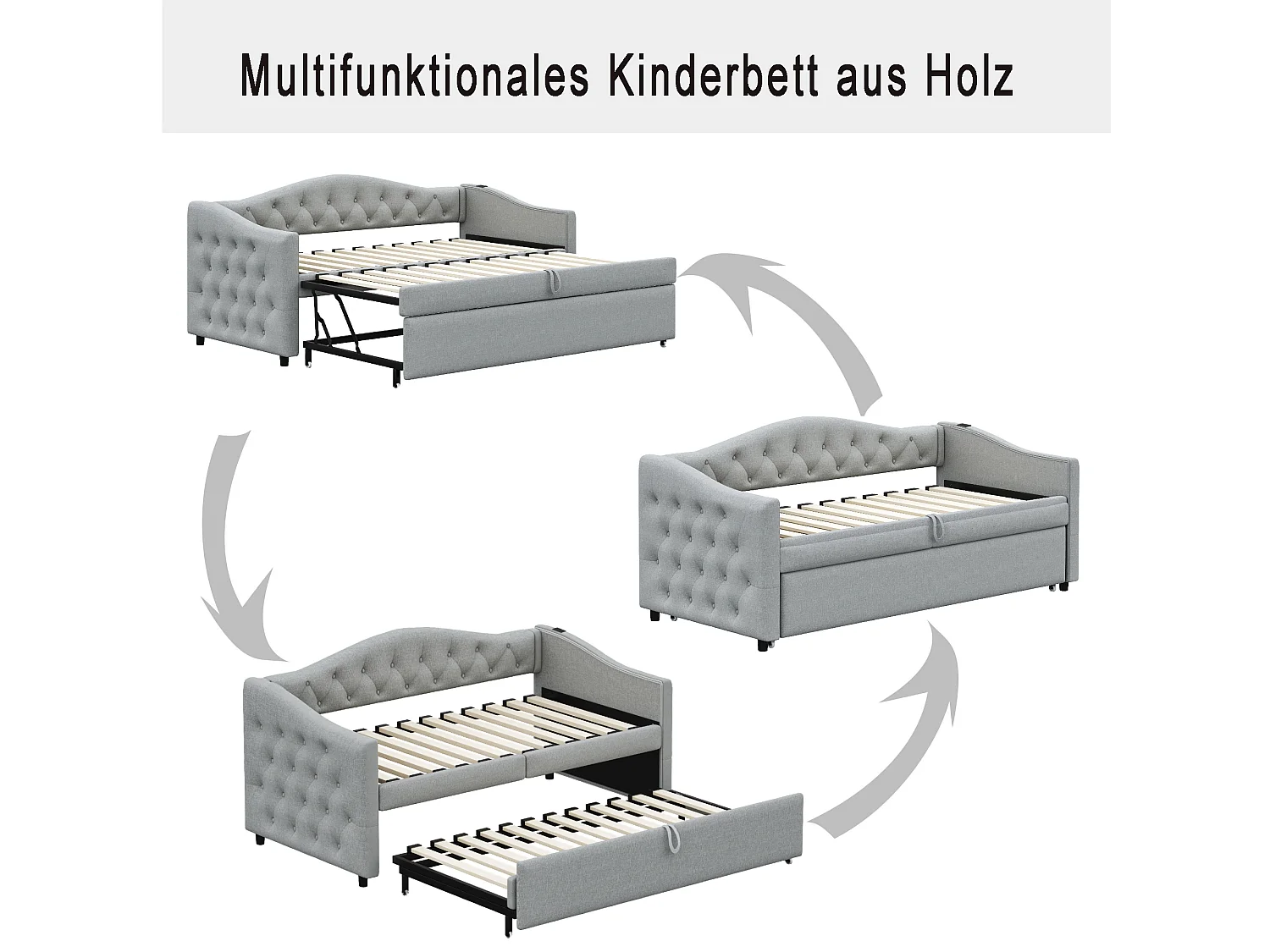 Łóżko wysuwane 90 x 200 cm z portami USB, sofa rozkładana - Tkanina lniana - Stelaż z listew - Szary (bez materaca)